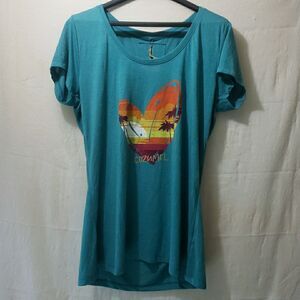 NWT Cariloha 2X Teal Turquoise Cozumel Heart Sunset Beach Bamboo Scoop Tee